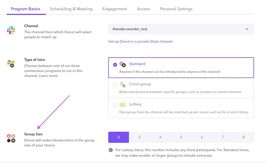 Donut pairing settings showing standard, cross-group, and lottery introduction types and selectable group sizes