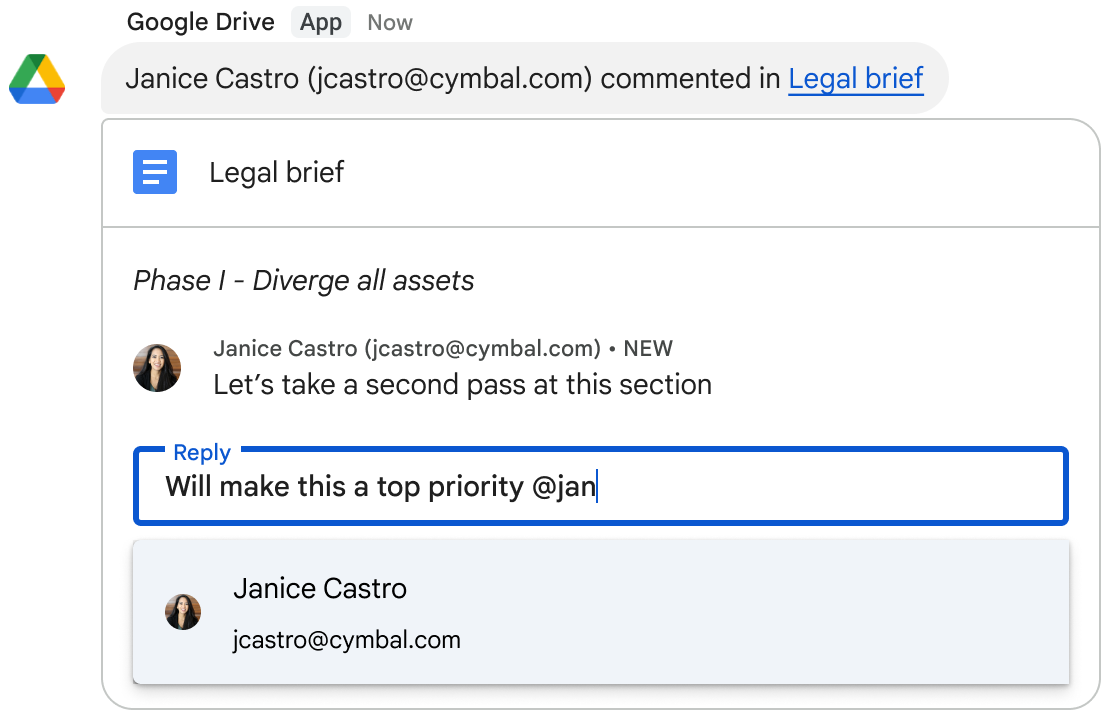 Google Drive app in Google Chat — notification showing a comment on a document with a reply field directly inside the Chat message