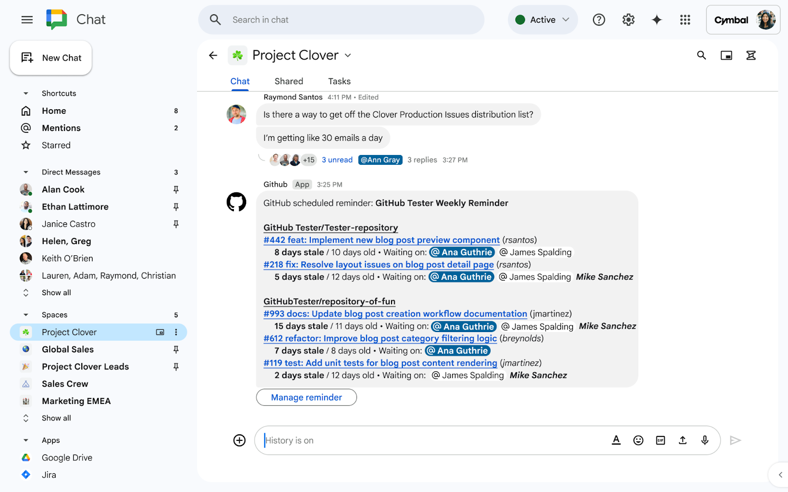 GitHub app in Google Chat showing a weekly PR reminder summary with stale pull requests, linked authors, and a Manage reminder button