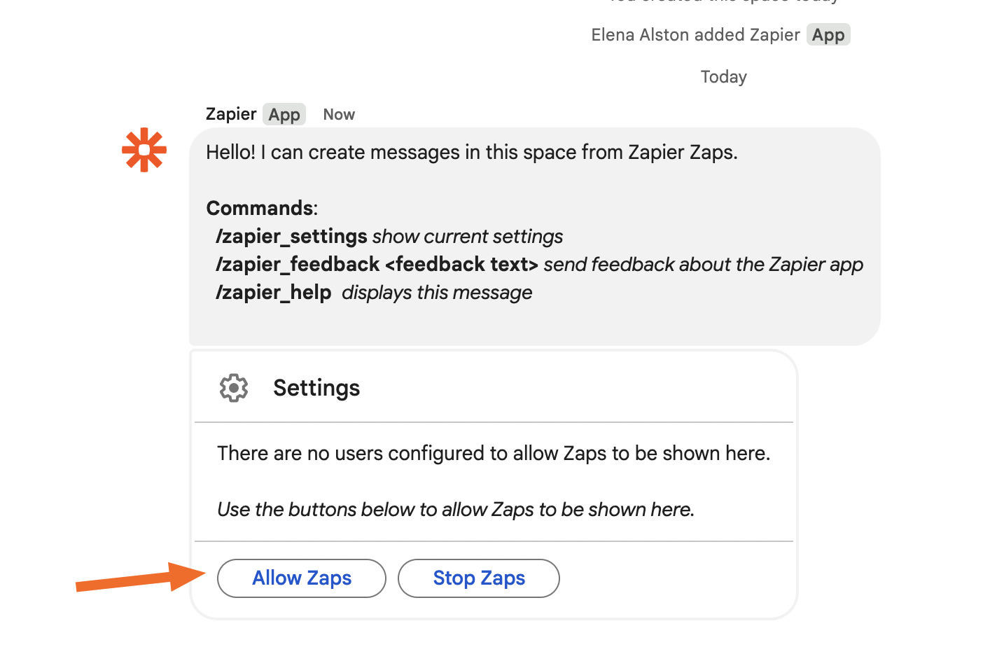 Zapier app added to a Google Chat Space — welcome message showing available slash commands like /zapier_settings and /zapier_help
