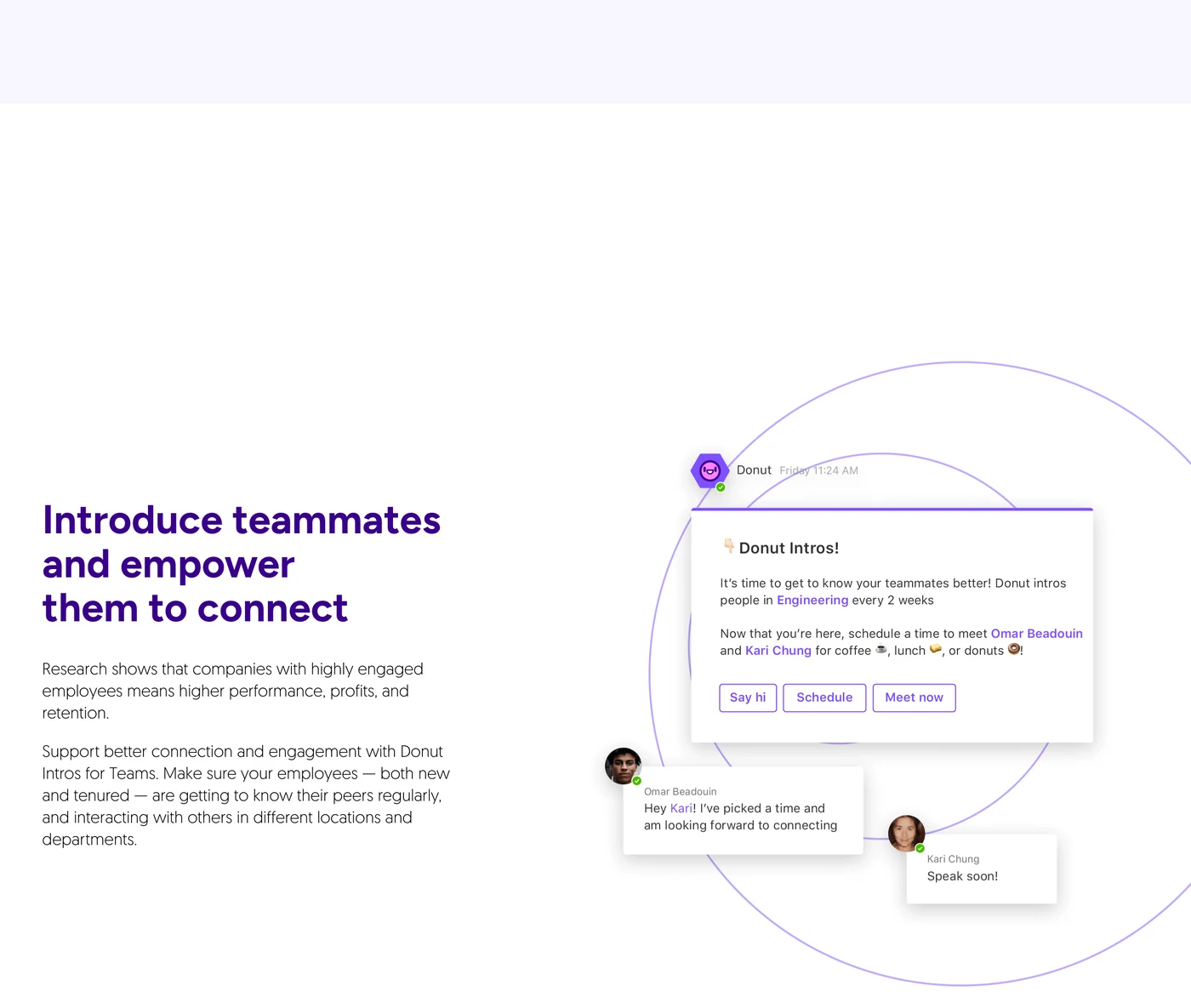 Donut for Microsoft Teams webpage showing a Donut Intros message with Say hi, Schedule, and Meet now buttons