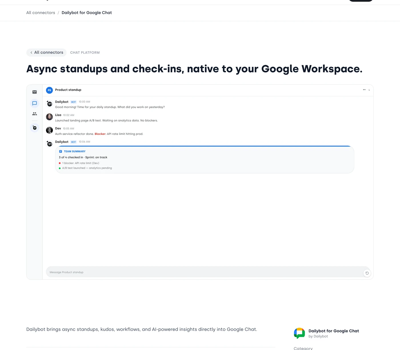 DailyBot for Google Chat product page showing an asynchronous standup and team summary inside Google Chat