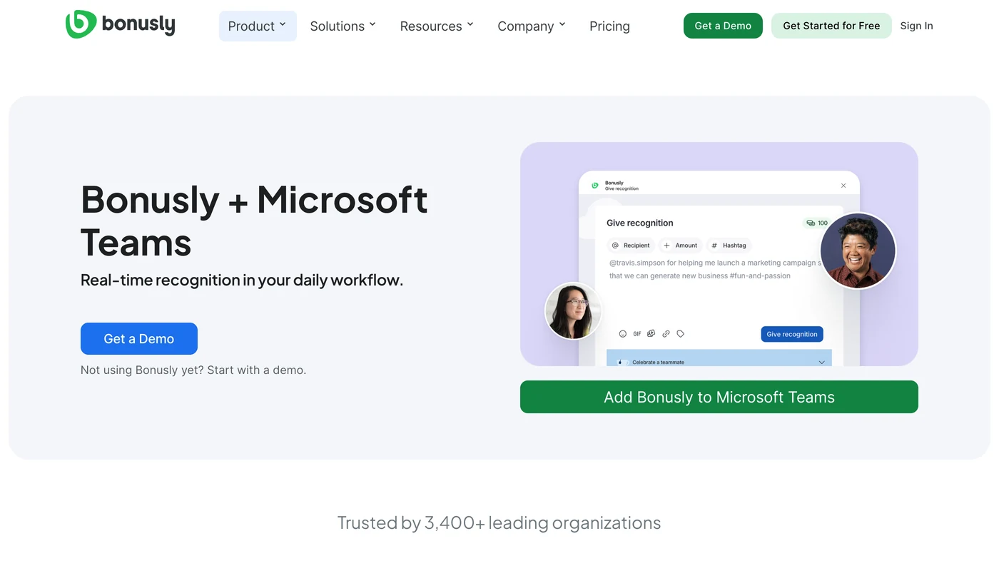 Bonusly and Microsoft Teams integration page showing the Give recognition interface