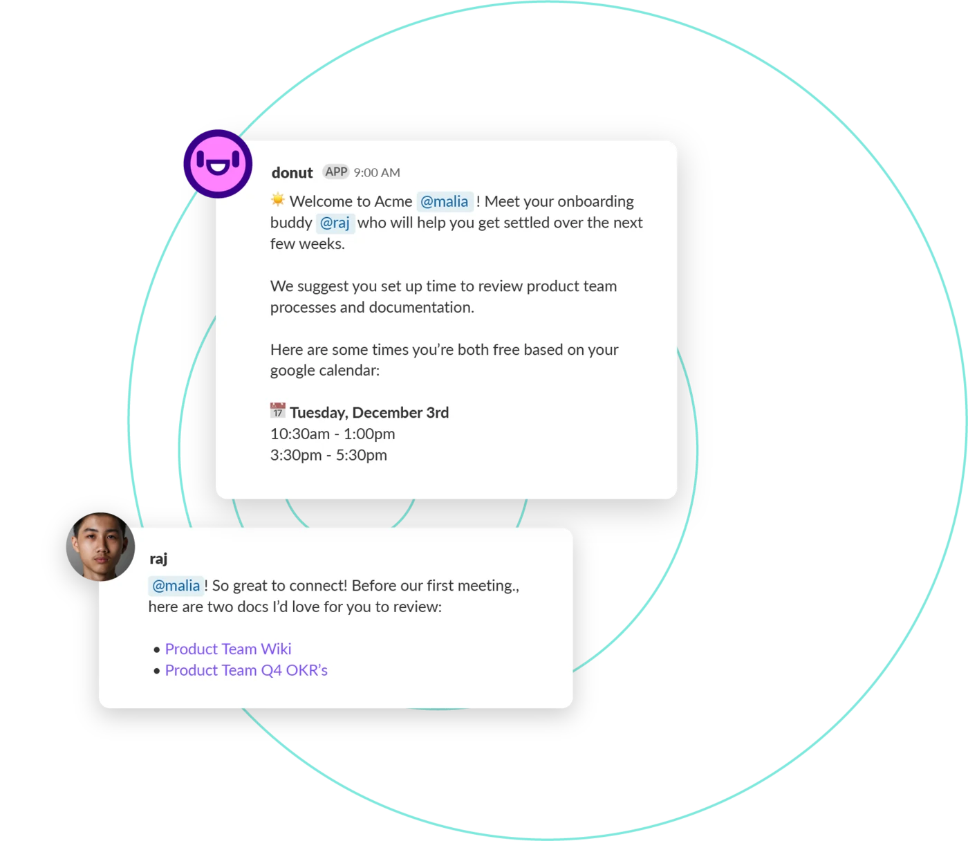 Donut onboarding message introducing a new hire to an onboarding buddy in Slack with scheduling links