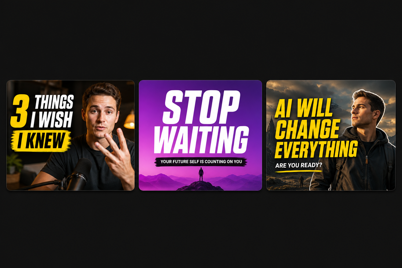 Three thumbnails generated from one video: a framed shot with a headline, a gradient text card, and a cinematic AI scene with the speaker composited in