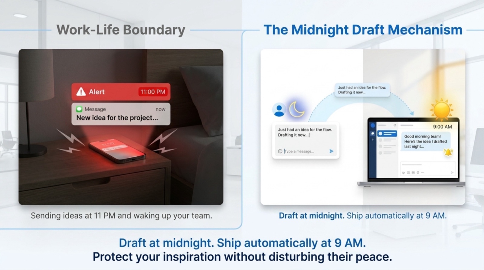 Work-life boundary versus the midnight draft mechanism — a phone alert at 11 PM contrasted with a scheduled Slack message that posts at 9 AM the next morning.