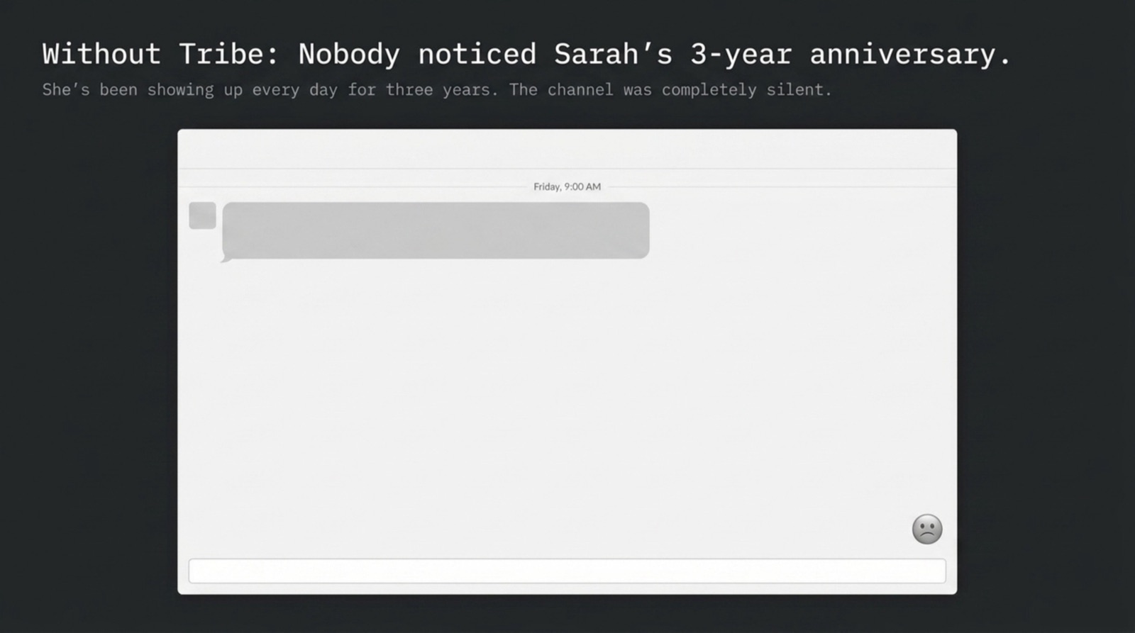 An empty Google Chat channel on a Friday morning — Sarah's three-year work anniversary went unnoticed because nobody was tracking the date.
