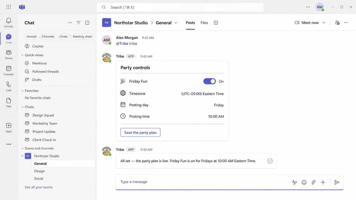 Tribe Friday Fun settings inside Microsoft Teams with schedule day, time, timezone, and save button