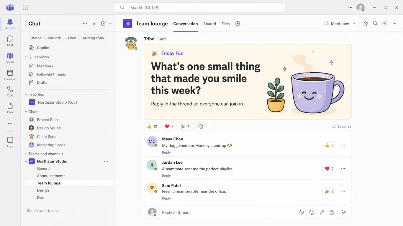 Microsoft Teams channel with a Tribe Friday Fun icebreaker card asking what made teammates smile this week and several replies