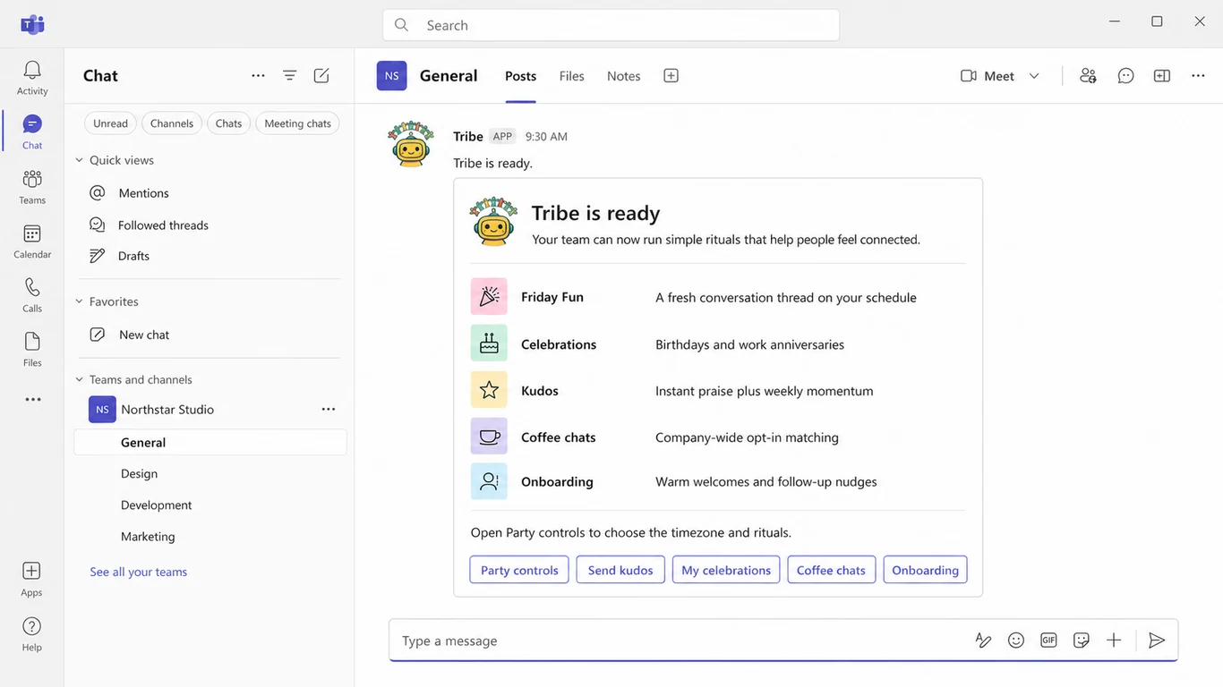 Tribe app in Microsoft Teams showing the Celebrations control for birthdays and work anniversaries